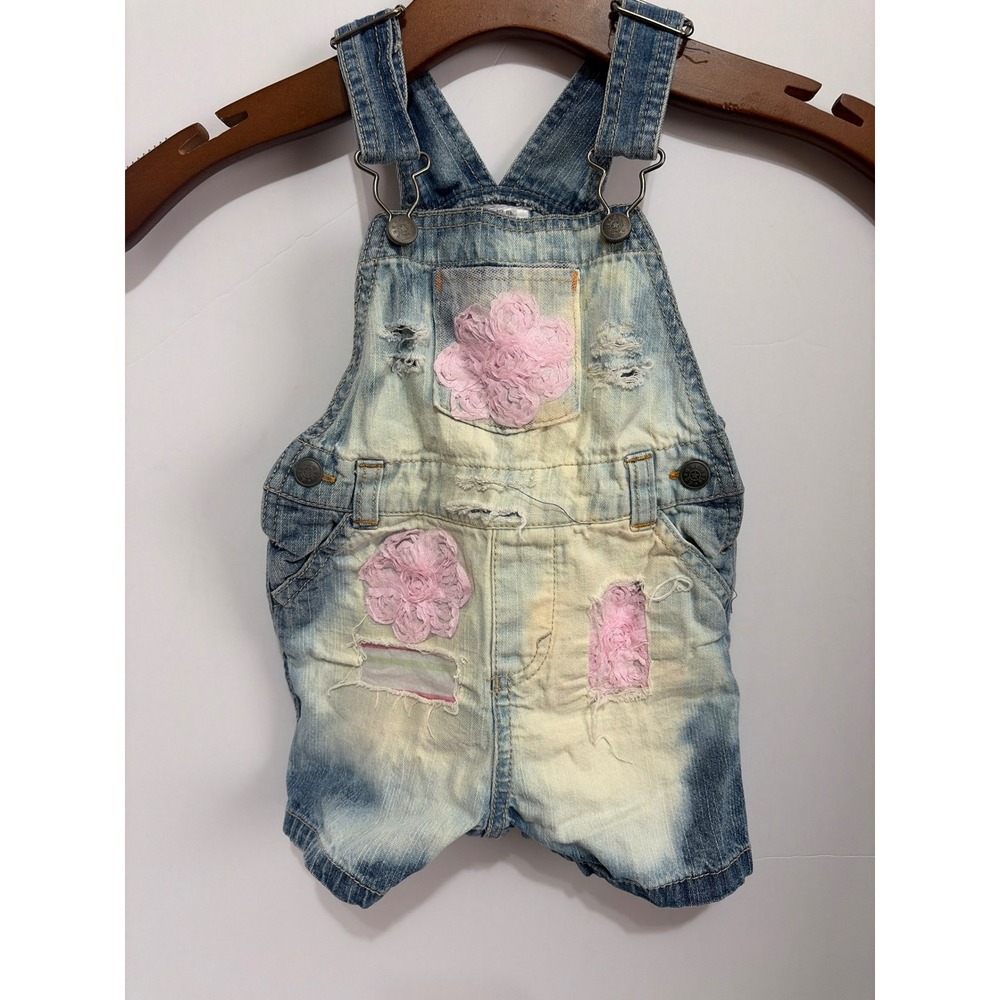 Koala Baby 12M Denim Short Overalls Upcycled Pink Floral Applique Distressed